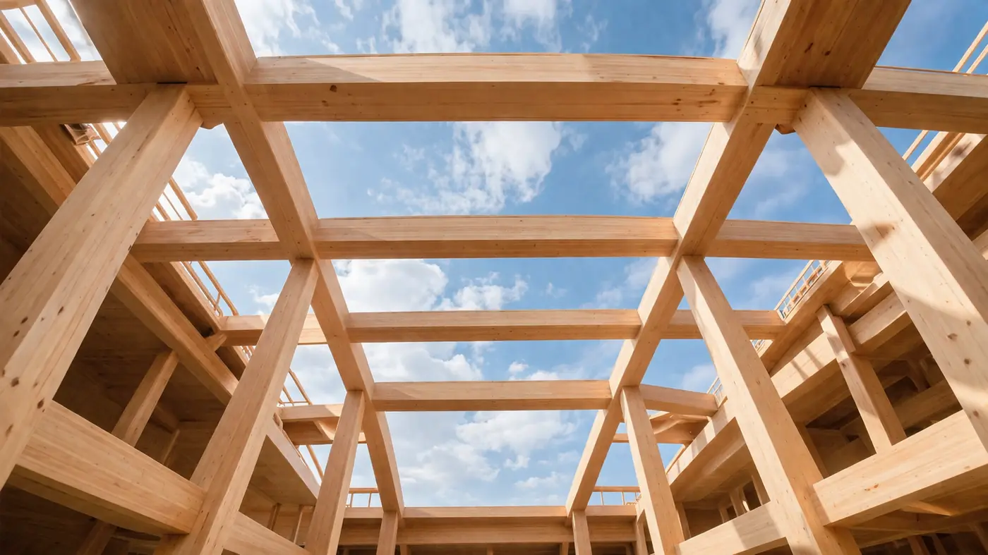 Mass timber frame under construction against a blue sky