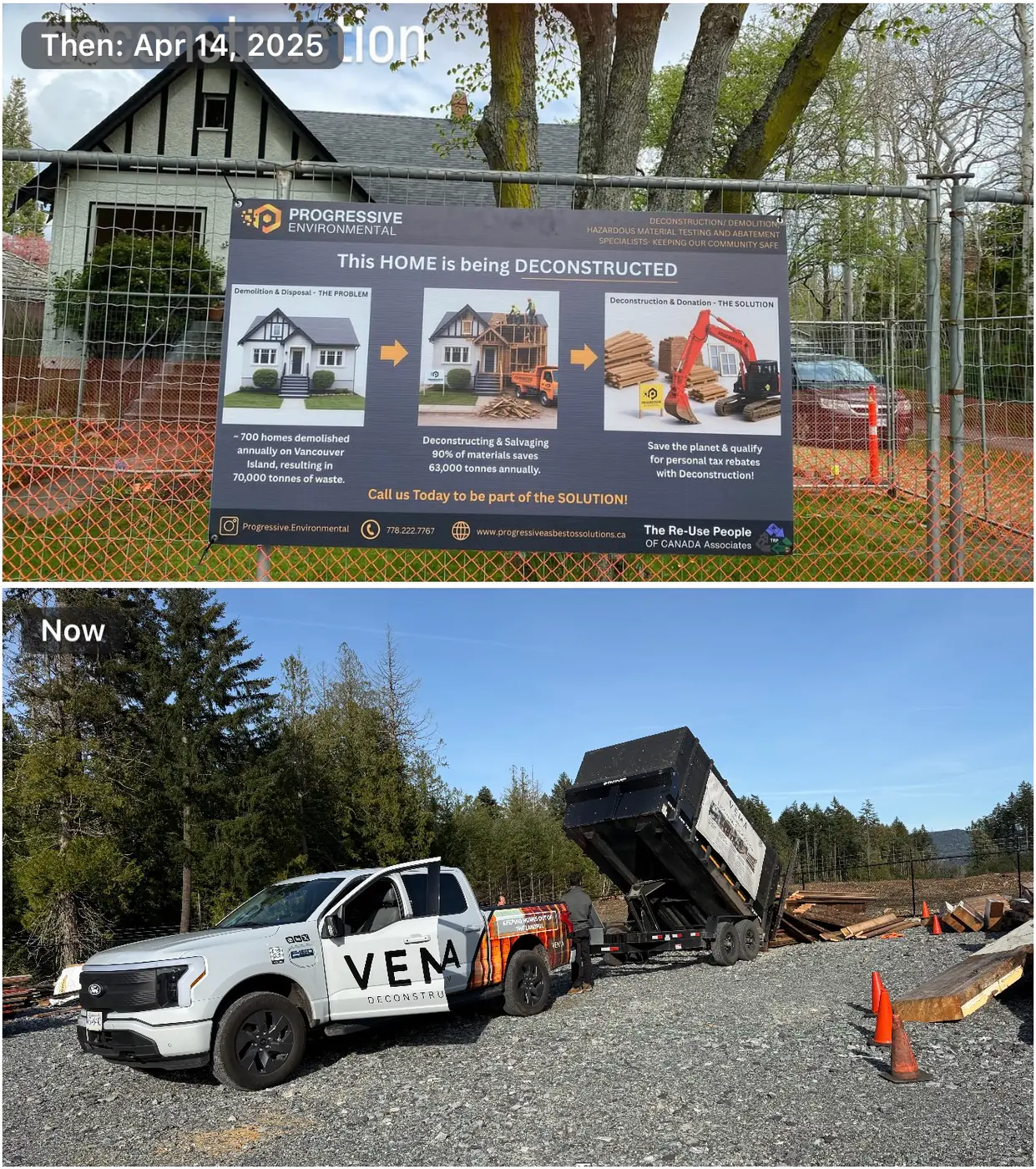 The evolution of deconstruction and material recovery on Vancouver Island, from early public education efforts to an active material recovery yard receiving reusable building materials.
