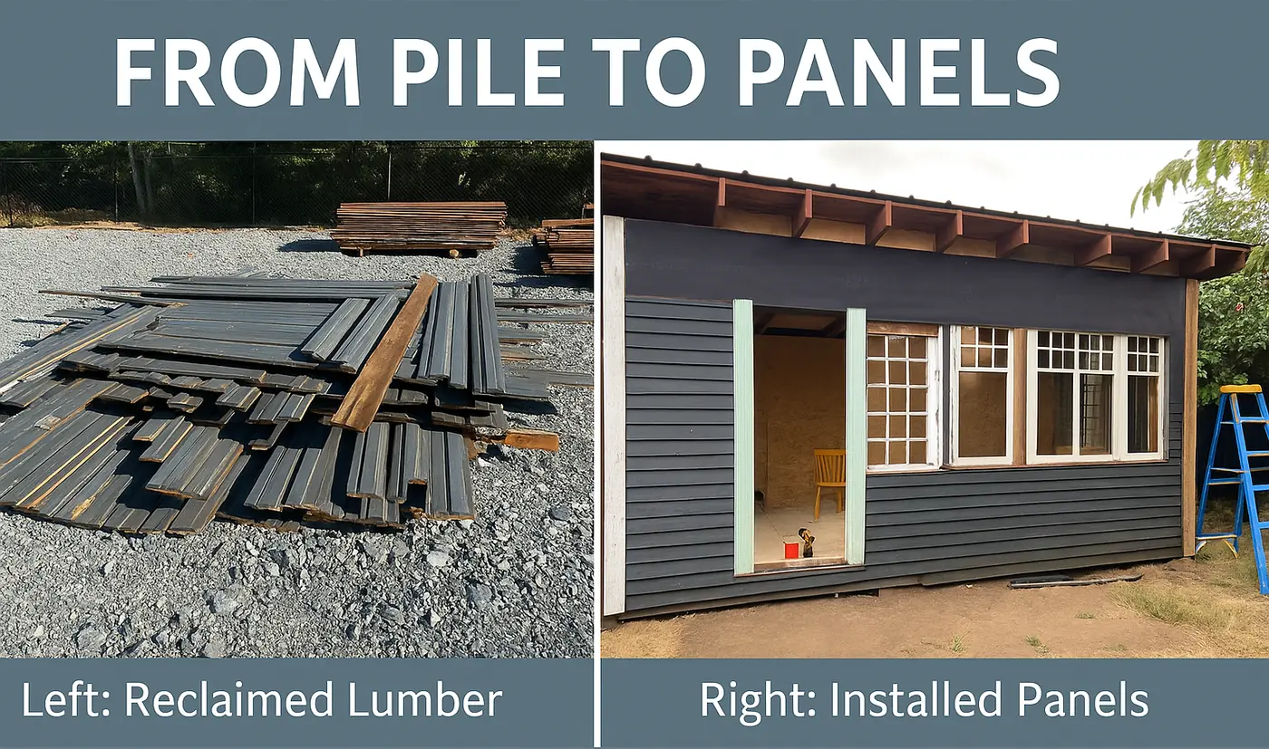 Reclaimed lumber transformed into finished building components, demonstrating the value of keeping materials in circulation.